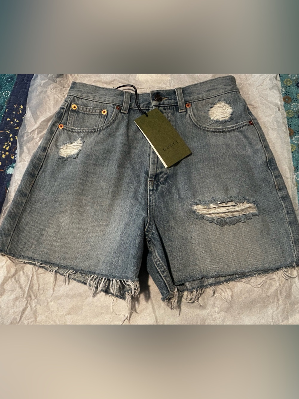 Gucci Embroidered Distressed Denim Shorts - Blue-25